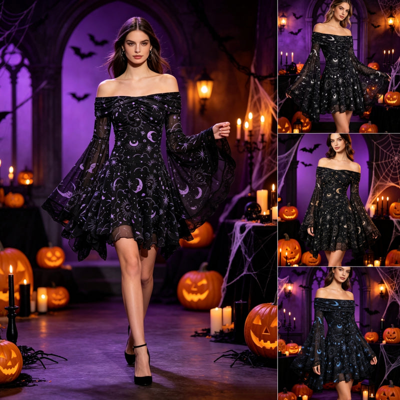 Gothic Style Vintage Mystery Star Moon Long Sleeve A-Line Dress Shoulder Bared Flared Sleeve Print Universe Galaxy Midi Dresses For Halloween Costumes